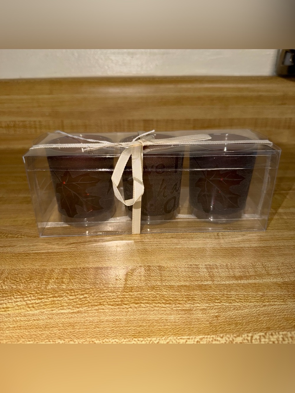 NWT Yankee Candle Brown Votive Trio fall leaves thanksgiving thankful